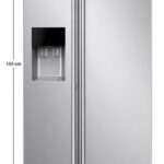 Ett Samsung-kylskåp i rostfritt stål av typen ”side-by-side” mot en vit bakgrund, med en vatten- och isdispenser på den vänstra dörren. Måttangivelserna visar en höjd på 180 cm och en bredd på 90 cm.