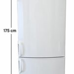 Vitt Electrolux-kylskåp med två dörrar, 175 cm högt och 60 cm brett. Svarta pilar och måttangivelser visar måtten.