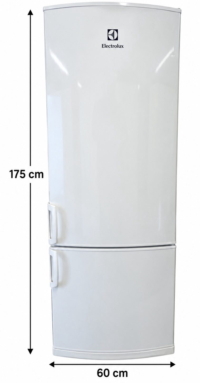 28ec2567-4d92-460c-b75d-e94458eea836-2 Vitt Electrolux-kylskåp med två dörrar, 175 cm högt och 60 cm brett. Svarta pilar och måttangivelser visar måtten.
