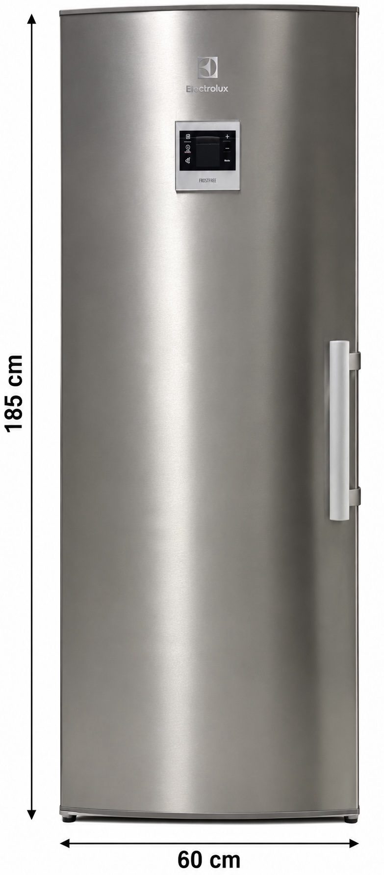 2b3950d5-d2d8-44d0-9dfe-a32a65c1c3da Högt, silverfärgat kylskåp från Electrolux med digital kontrollpanel, vertikalt handtag och angivna mått: 185 cm i höjd och 60 cm i bredd.