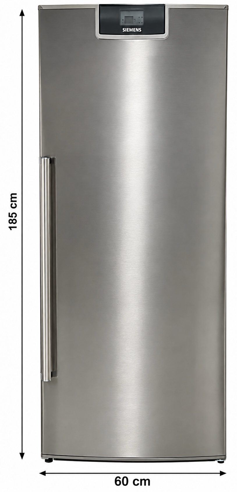 41857461-a204-4024-9f41-e61e112f81c9-3 Ett kylskåp från Siemens i rostfritt stål med ett vertikalt handtag, en digital display högst upp och måtten 185 cm i höjd och 60 cm i bredd.