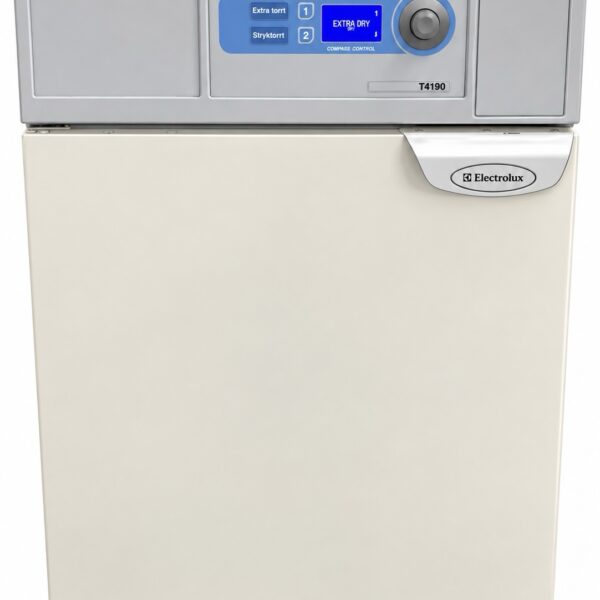 En framifrånvy av en Electrolux-torktumlare med en digital kontrollpanel som visar olika torkinställningar och en ovansida i rostfritt stål.