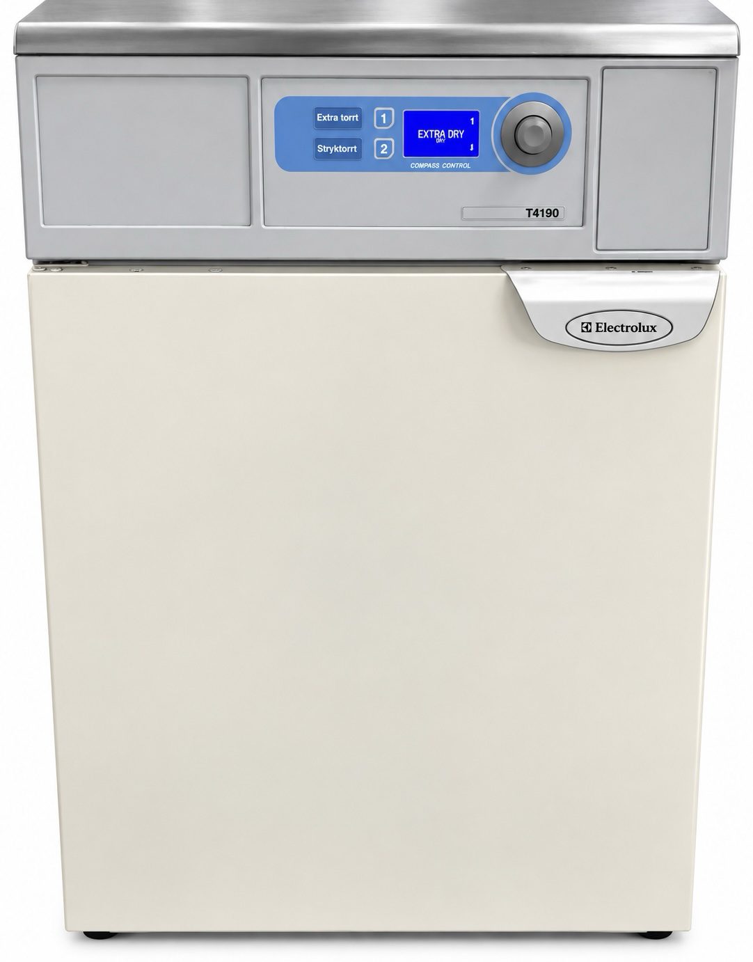 4d7242d7-b6d8-4610-a45a-0a0dba976020 En framifrånvy av en Electrolux-torktumlare med en digital kontrollpanel som visar olika torkinställningar och en ovansida i rostfritt stål.