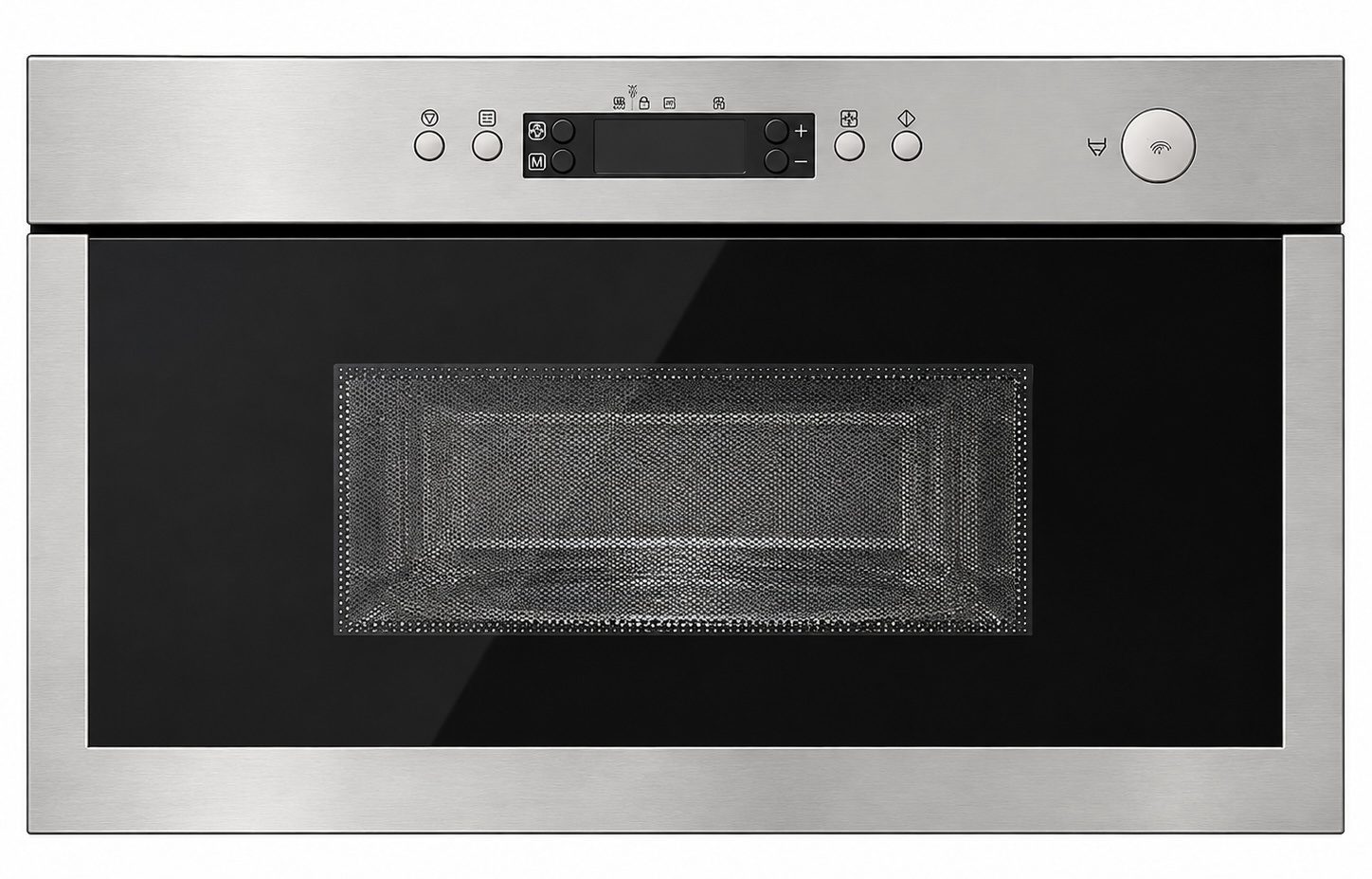 54326008-3d7a-4414-ae82-24b27d067ab0 En mikrovågsugn i rostfritt stål med en svart glasdörr, digital display och kontrollknappar på frontpanelen, avbildad mot en vit bakgrund.