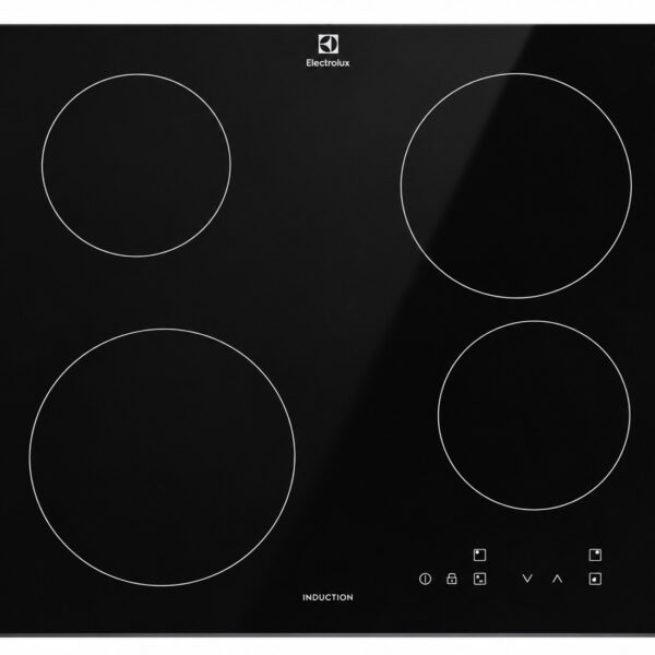 Svart induktionshäll med fyra runda kokzoner, pekreglage och ett Electrolux-märke längst upp i mitten. Reglageknapparna sitter i det nedre högra hörnet av hällen.