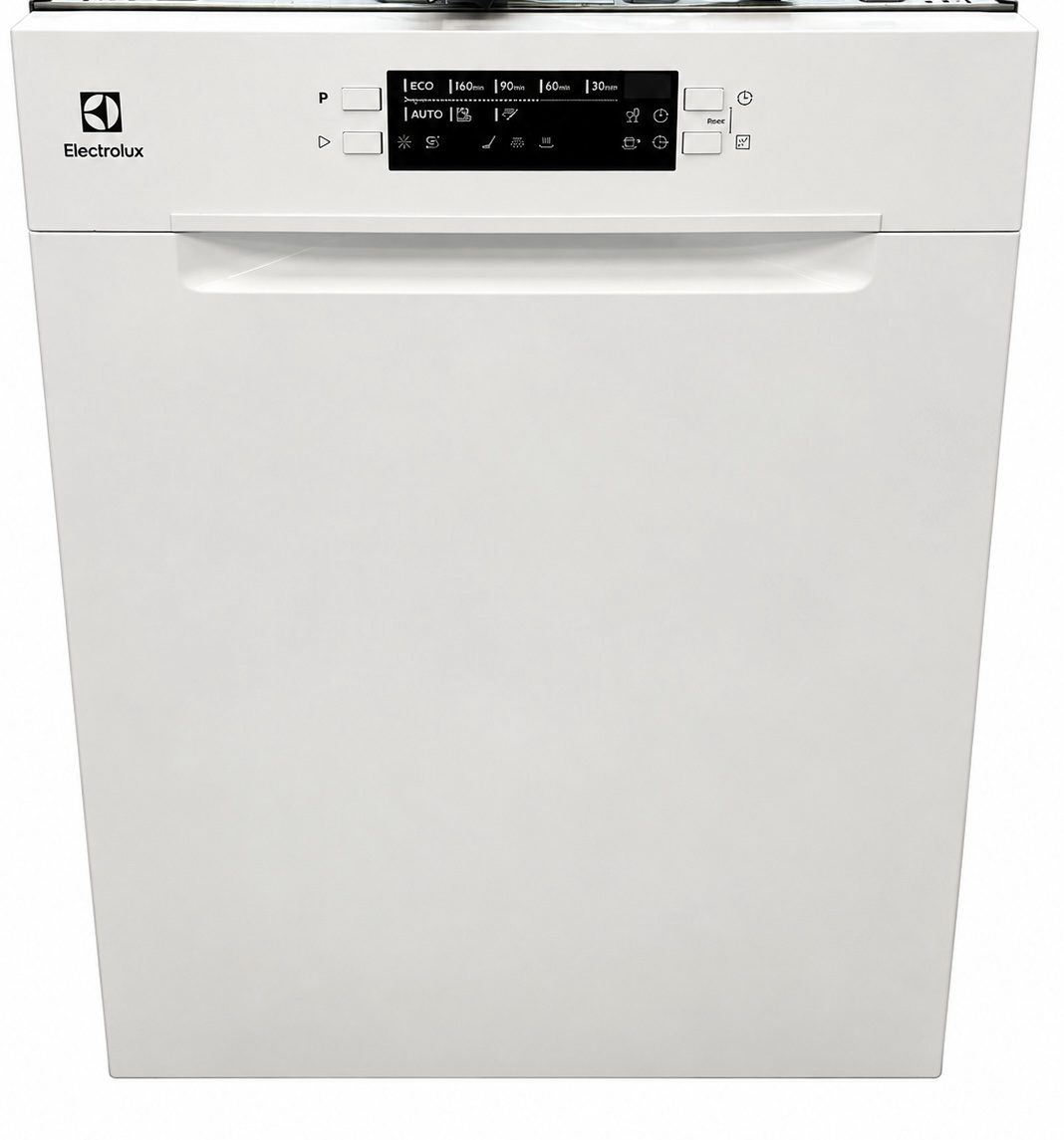 603f8c92-83a1-494a-ad8a-20e2c4abf37e En vit diskmaskin från Electrolux med en digital kontrollpanel som visar olika diskprogram och knappar, med ett handtag under panelen.