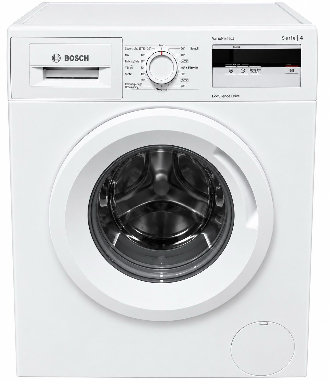 607d7dc9-bd1d-4930-b189-afee00f4c196-4 Framifrån sett av en vit tvättmaskin av märket Bosch, serie 4, med vridreglage, digital display, tvättmedelsfack och rund lucka med genomskinligt fönster. Maskinen ser ren och modern ut.