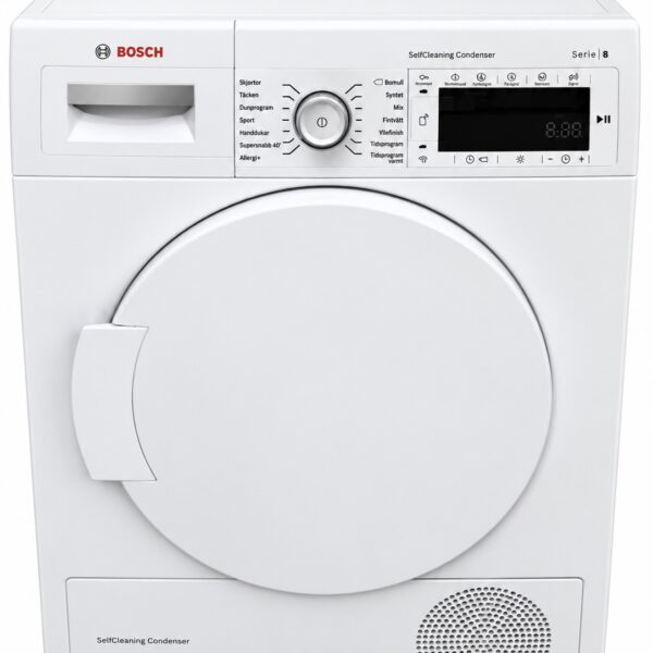 En vit frontmatad torktumlare från Bosch med elektronisk display, vridreglage och en tvättmedelslåda. På panelen finns olika knappar och inställningar. Längst ner på framsidan finns ett runt ventilerat område.