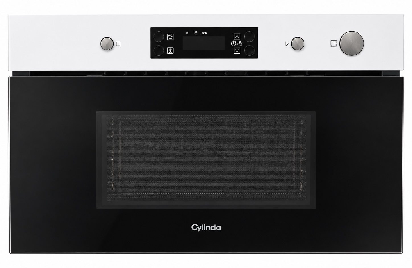 68f8f689-b095-455b-957f-943b25f430fb-6 En modern svartvit mikrovågsugn av märket Cylinda med en digital display och reglage på ovansidan. Dörren har ett stort glasfönster som gör det möjligt att se in i ugnen.