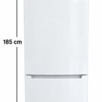På bilden syns ett vitt kylskåp från Siemens med frysfacket längst ner. Svarta pilar anger att det är 185 cm högt och 60 cm brett. Kylskåpet är fotograferat mot en vit bakgrund.
