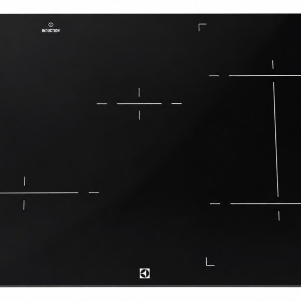 En svart induktionshäll med fyra kokzoner, var och en markerad med vita korsmarkeringar. Ytan är slät och minimalistisk, med reglage som syns längst upp i mitten.