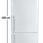 Ett vitt kylskåp av märket Bosch med två dörrar. Höjden anges till 200 cm och bredden till 60 cm. Kylskåpet står upprätt mot en vit bakgrund.
