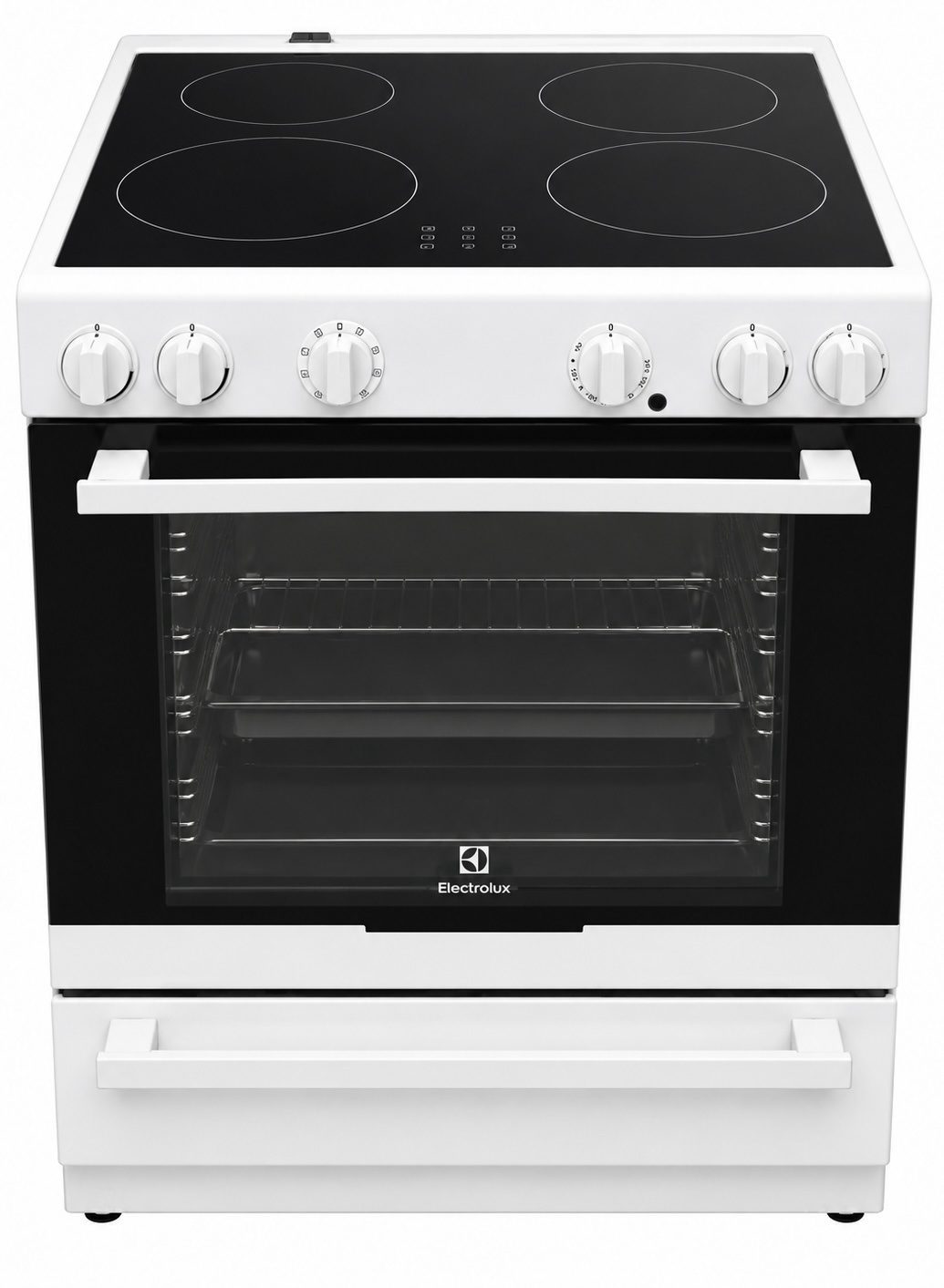 93a25861-9a48-4c4f-8350-ea9841a56bfc Vit elektrisk spis från Electrolux med fyra kokplattor, fem reglage, en stor ugnslucka i glas och en nedre låda. Ugnen har två galler inuti och en elegant, modern design.