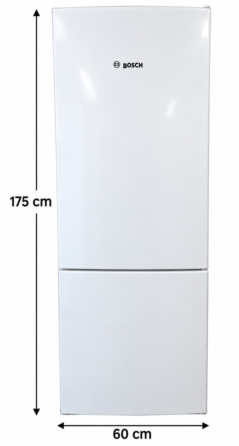 a5479ac7-395c-4bc0-97dc-c76e74641e4d Vitt kylskåp från Bosch med frysfack längst ner. Höjden är 175 cm och bredden är 60 cm, vilket framgår av de svarta pilarna och etiketterna bredvid apparaten.