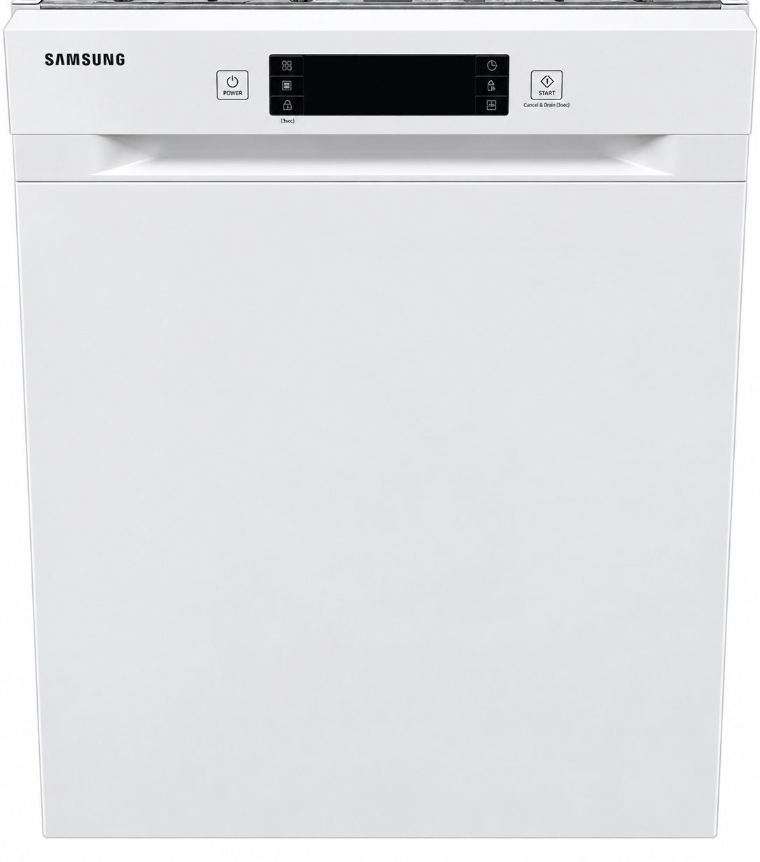 a986b5b5-667c-41b6-8aa9-84410a2742ab En vit diskmaskin från Samsung med en svart digital kontrollpanel och knappar för ström och val av program på framsidan.