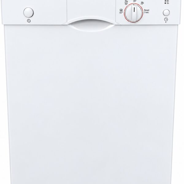 Framsida av en vit diskmaskin från Bosch med kontrollknappar och en vridreglage på den övre panelen, där Bosch-logotypen och texten ”Electronic aquastop” syns.