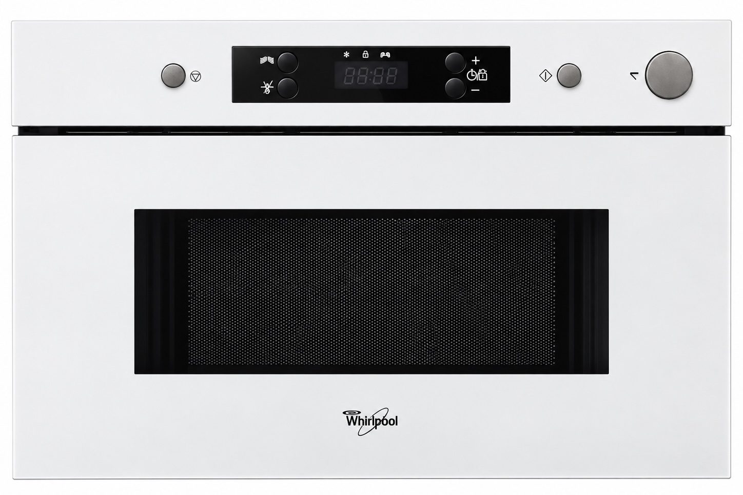 bcd18f03-ecd3-491c-a32c-997ef013fc66 Framifrån sett av en vit mikrovågsugn från Whirlpool med en digital display och vridreglage på vardera sidan, samt flera knappar och ikoner ovanför det svarta nätfönstret i luckan.