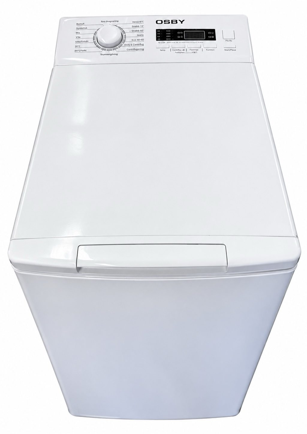 ed5acadc-7742-4fba-9fd2-ec9988bc82c0 En vit tvättmaskin med toppmatning och en kontrollpanel med en vridknapp, knappar och en LED-display, fotograferad från en hög vinkel mot en enfärgad vit bakgrund.