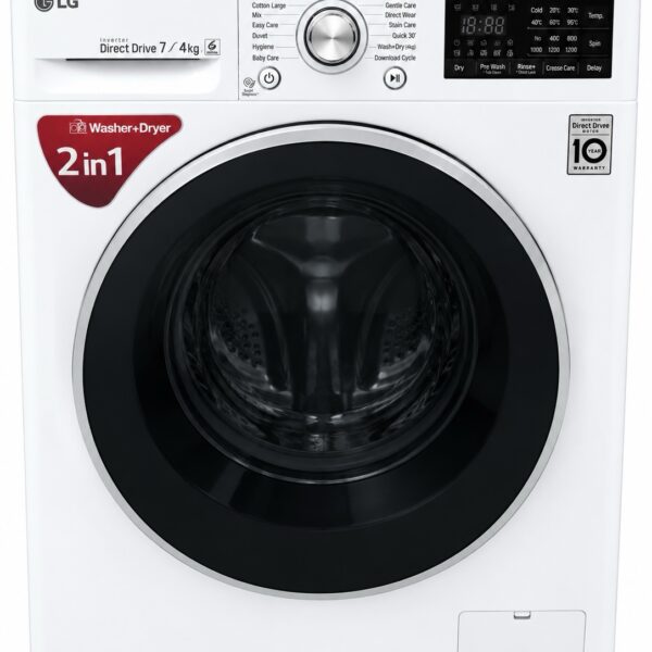 Framifrån sett på en tvättmaskin med torktumlare i ett från LG med en rund svart lucka, digital display, vridreglage och märkta knappar på en vit panel. Uppskriften ”2 in 1 Washer+Dryer” syns uppe till vänster.