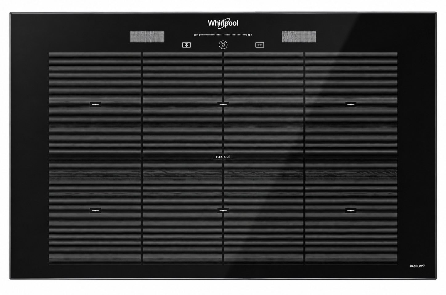 f411528e-02c1-40ab-b548-77ce970b2297 En svart induktionshäll från Whirlpool med nio kokzoner, pekreglage och en blank yta. Kontrollikonerna och varumärkeslogotypen är centrerade längst upp.