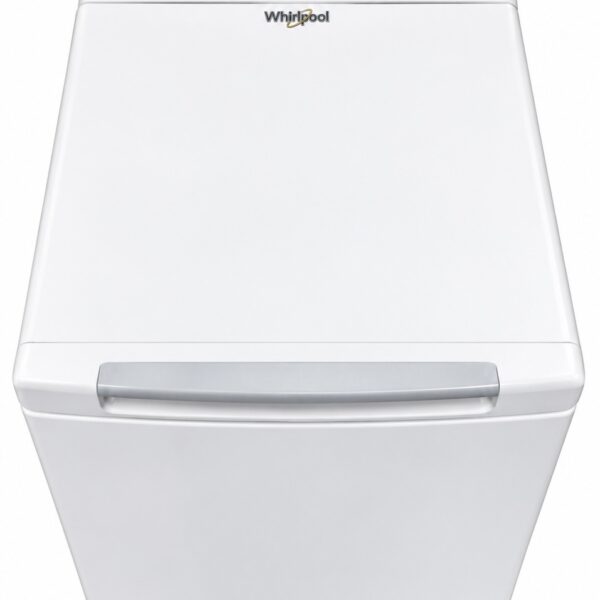 Vit Whirlpool-tvättmaskin med toppmatning, med kontrollpanel och vridreglage på ovansidan.