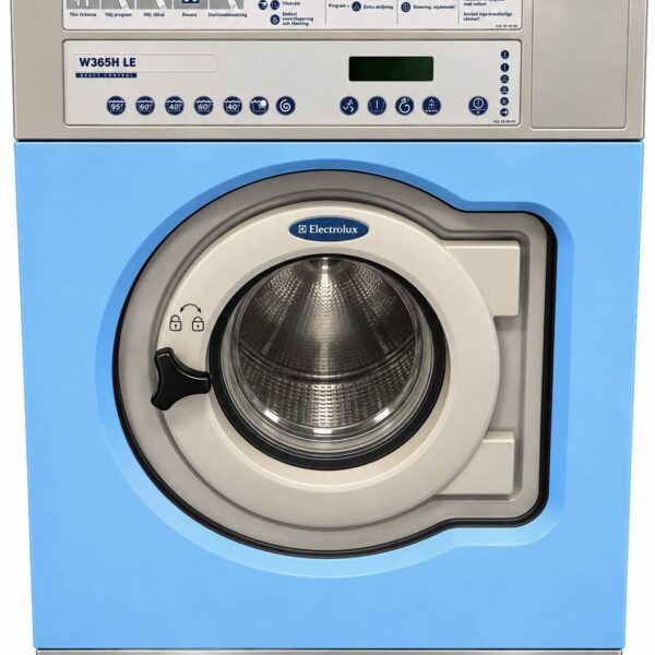 Electrolux W365H LE industriell tvättmaskin med ljusblå front och kontrollpanel i rostfritt stål.