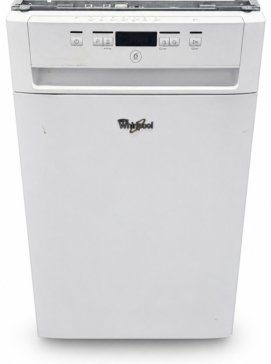 c4d2165f-c1c0-46f2-bc3d-c4b1077e1489 Vit diskmaskin av märket Whirlpool med frontmonterad kontrollpanel och digital display.