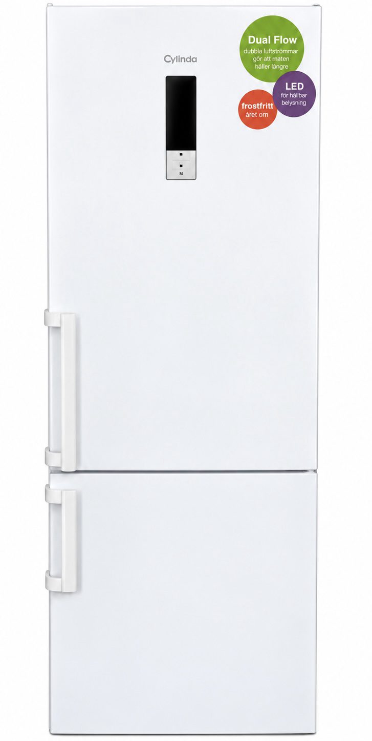 efd15e83-74ce-4974-94e4-8977911d8078-3 Vit Cylinda-kylskåp med två dörrar, en digital display och tre färgglada klistermärken som lyfter fram funktionerna: Dual Flow, LED-belysning och FrostFree-teknik. Handtagen sitter på vänster sida av varje dörr.