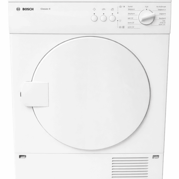 En vit Bosch Torktumlare CLASSIC 6 frontmatad torktumlare med en rund dörr, kontrollknappar och en ratt på den övre panelen. Bosch-logotypen och "CLASSIC 6" är synliga ovanför dörren.