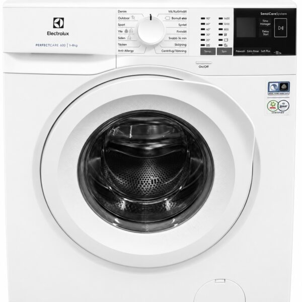 Framifrån sett: Tvättmaskin av märket Electrolux med en kapacitet på 7 kg, digital kontrollpanel, knappar och en rund glasdörr. Flera tvättprogram visas på panelen.