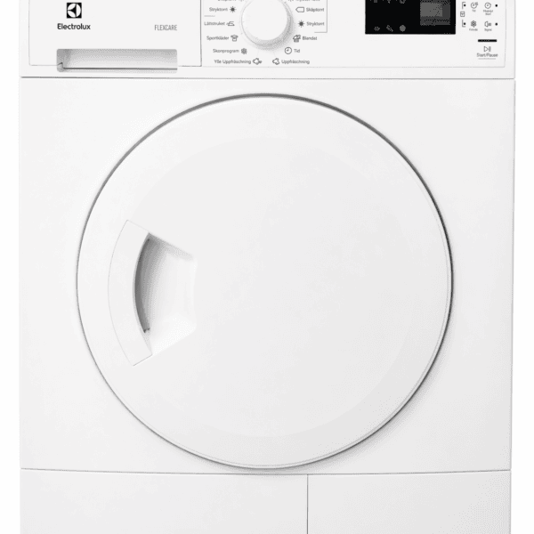 Electrolux FLEXCARE torktumlare, 7 kg kapacitet, visas runt dörr med handtag, kontrollpanel med knappar och digital display. Torktumlaren har en ren, modern design.