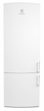 A white Electrolux kyl och frys, 200cm hög, frostfri och energiklass A++, med två dörrar, minimalistisk design och rundade handtag. Frysen är placerad nedtill och kylen upptill.