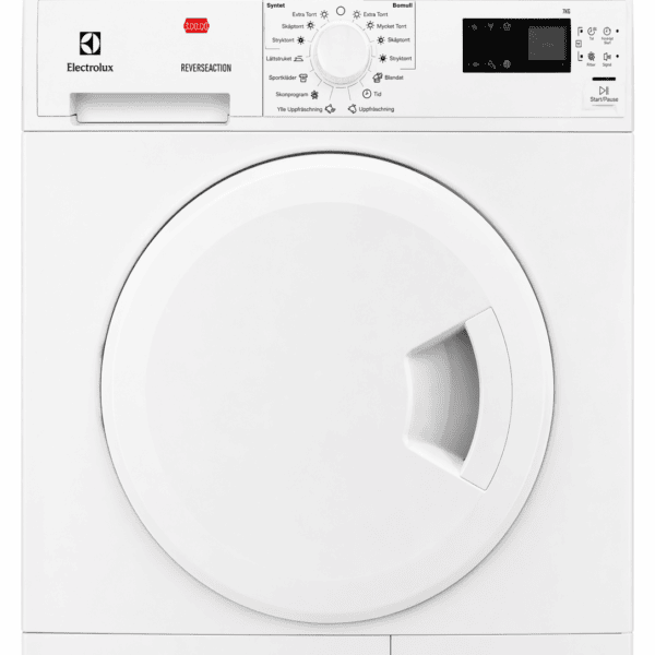 Frontvy av en vit Electrolux Torktumlare REVERSEACTION, 7 kg kapacitet, med rund dörr, kontrollratt, digital display och märkta knappar med indikatorer på den övre panelen.