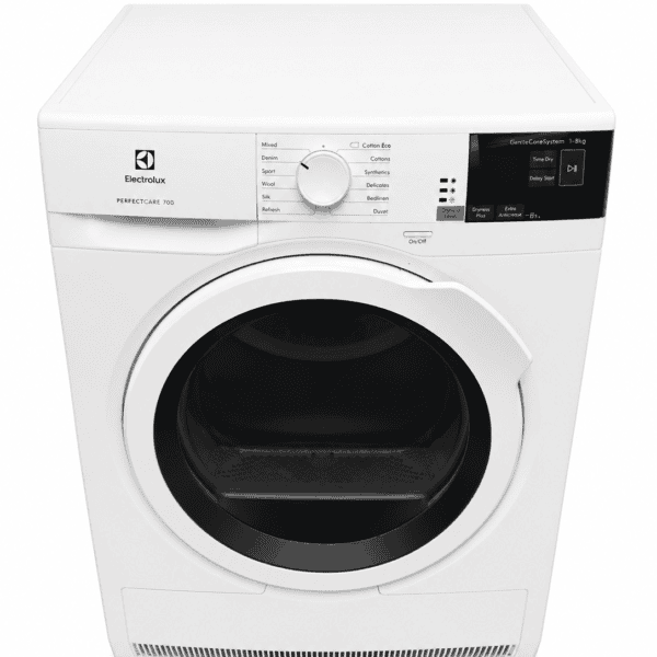 En vit frontmatad Husqvarna Electrolux torktumlare (8 kg kapacitet), visad uppifrån, med kontrollknappar och en digital display på ovansidan och en rund dörr på framsidan.