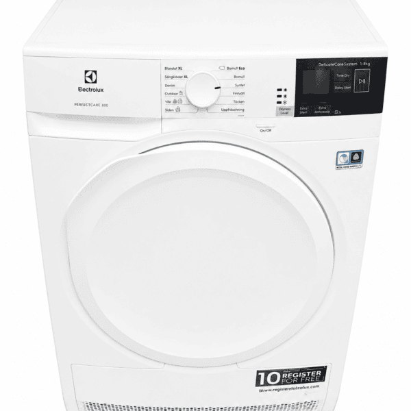 En vit Electrolux PerfectCare 800 frontmatad torktumlare med en kapacitet på 8 kg, digital display, kontrollratt, märkta knappar, rund dörr och ett klistermärke längst ned till höger som ger 10 års garanti.