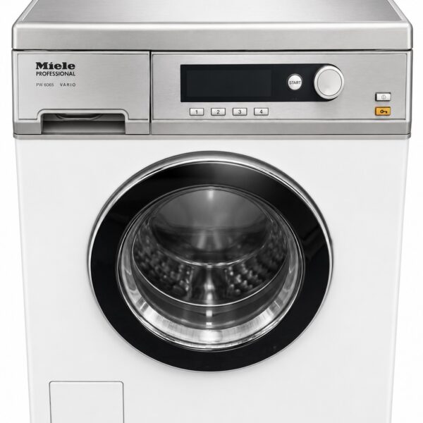 En frontmatad Miele Professional tvättmaskin med en digital display, kontrollknappar och en rund glasdörr. Maskinen är vit med detaljer i rostfritt stål på den övre panelen.