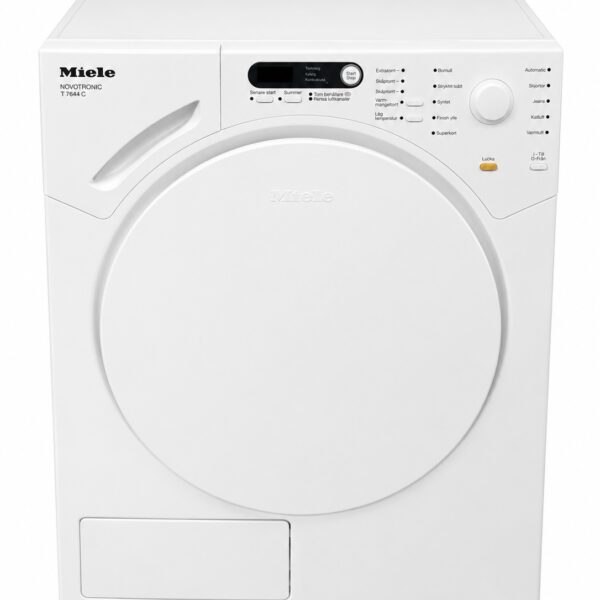 En vit Miele Novotronic T 764C frontmatad torktumlare med rund dörr, kontrollpanel med knappar och digital display samt olika torkalternativ märkta på framsidan.