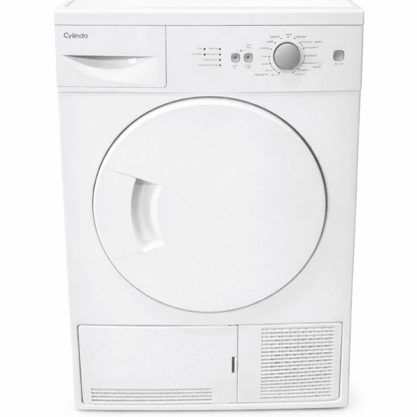 A white Cylinda torktumlare med 7 kg kapacitet, frontmatad med runda dörrar, styrknappar och vred på ovansidan samt fyrkantigt ventilationsgaller nedtill.