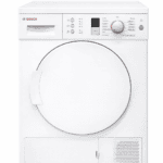 Frontvy av en vit Bosch AVANTIXX 7 torktumlare med självrengörande kondensor, rund dörr, tvättmedelslåda uppe till vänster, kontrollpanel med knappar, ratt, digital display ovanför dörren och ventilations/filterpanel nedtill.