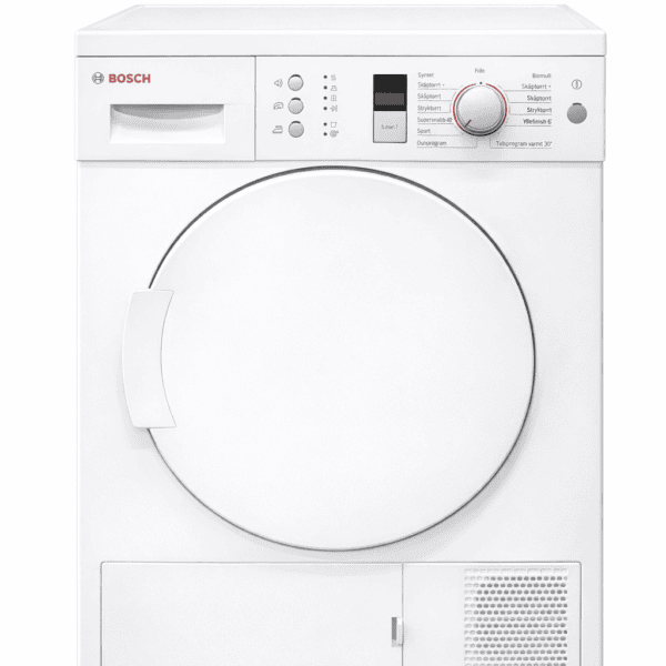 Frontvy av en vit Bosch AVANTIXX 7 torktumlare med självrengörande kondensor, rund dörr, tvättmedelslåda uppe till vänster, kontrollpanel med knappar, ratt, digital display ovanför dörren och ventilations/filterpanel nedtill.