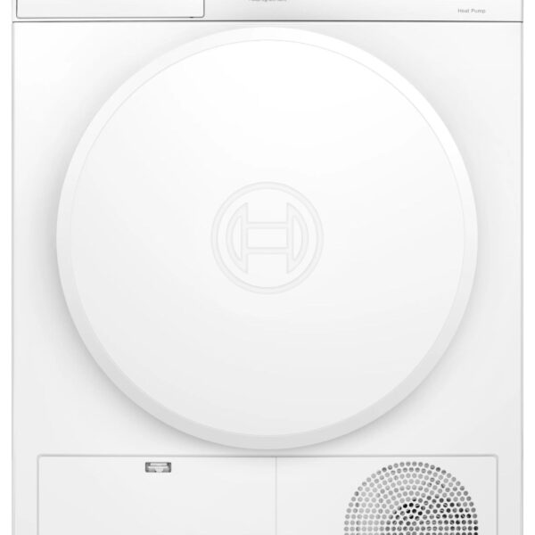 Framsida av en vit varmluftsvärktork från Bosch Series 4 med rund lucka, vridreglage, digital display, tvättmedelsfack och ventilationsöppning längst ned till höger.