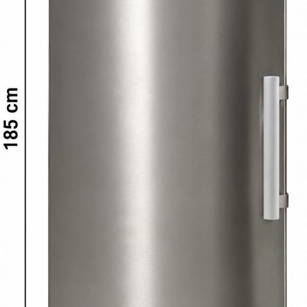 Högt, silverfärgat kylskåp från Electrolux med digital kontrollpanel, vertikalt handtag och angivna mått: 185 cm i höjd och 60 cm i bredd.