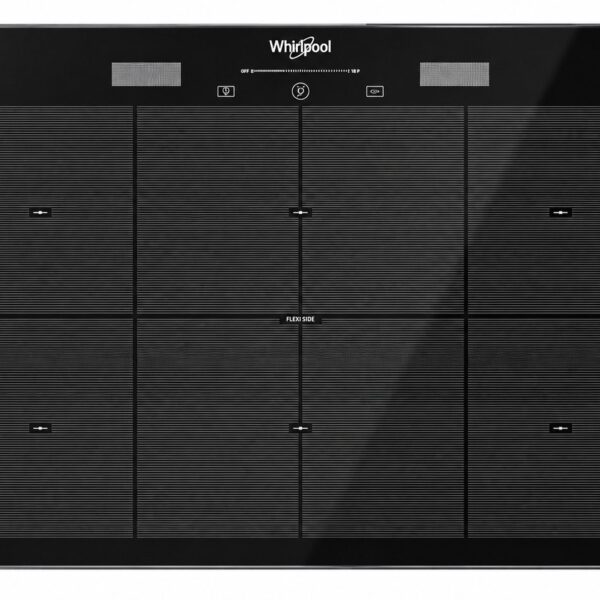 En svart induktionshäll från Whirlpool med nio kokzoner, pekreglage och en blank yta. Kontrollikonerna och varumärkeslogotypen är centrerade längst upp.